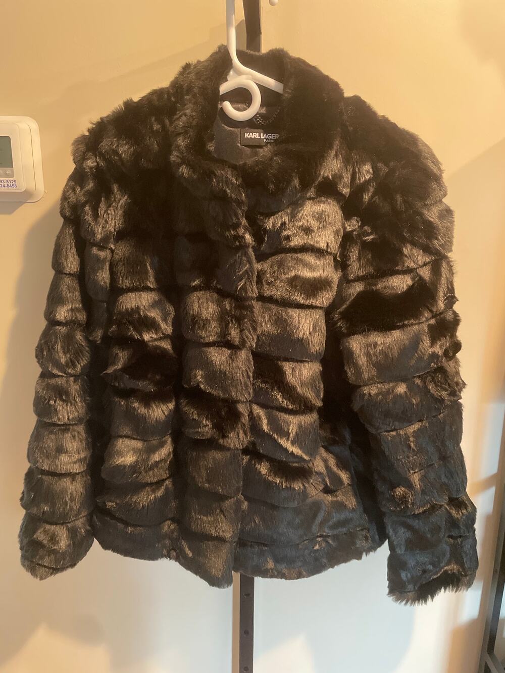 KARL LAGERFELD Tiered Faux Fur Coat Black Women's M Winter Cozy Tier Jacket